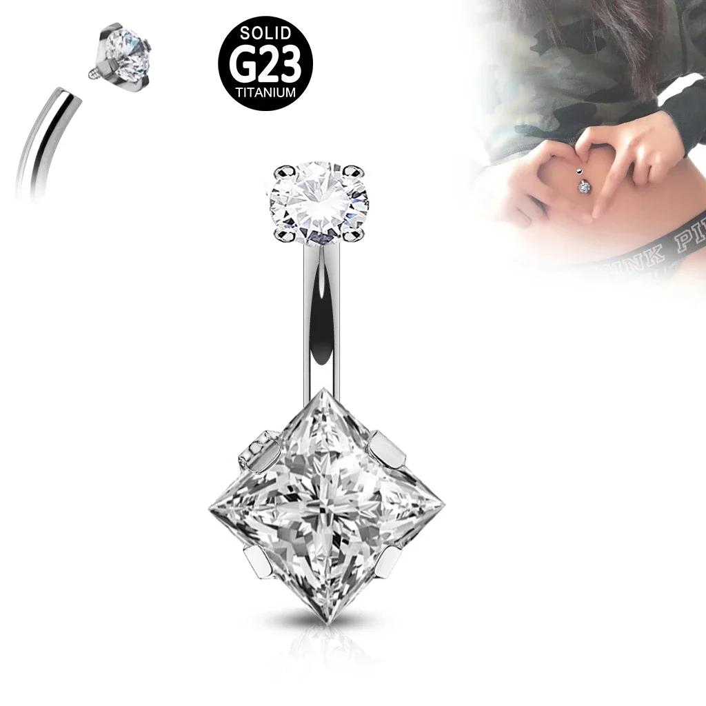 G23 Titanium PIERC Internal Thread Navel Piercing Dangle Body Sexy Belly Button Rings Zircon Square Heart Prong Set Navel Rings