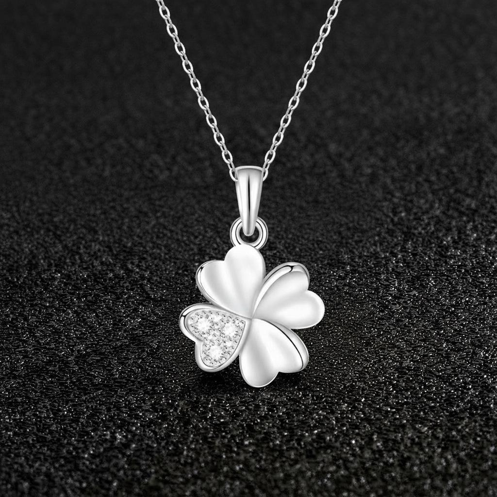 S925 Silver Four-Leaf Clover Necklace - Light Luxury Jewelry for Women, Pure Silver Sweater Chain. Pure Silver платиновый