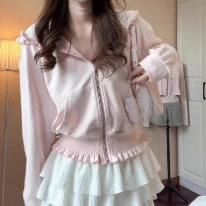 Zipper Cardigan Jacket Women's Sweet Pink Hoodies Woman Tops Ruffles Spring Autumn Sweatshirts Hooded