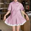 VONDA Two Piece Suit Women Short Sleeve Lapel Neck Tops and Pleated Mini Skirts Sets