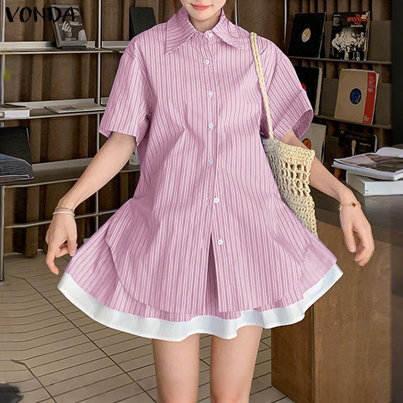 VONDA Two Piece Suit Women Short Sleeve Lapel Neck Tops and Pleated Mini Skirts Sets