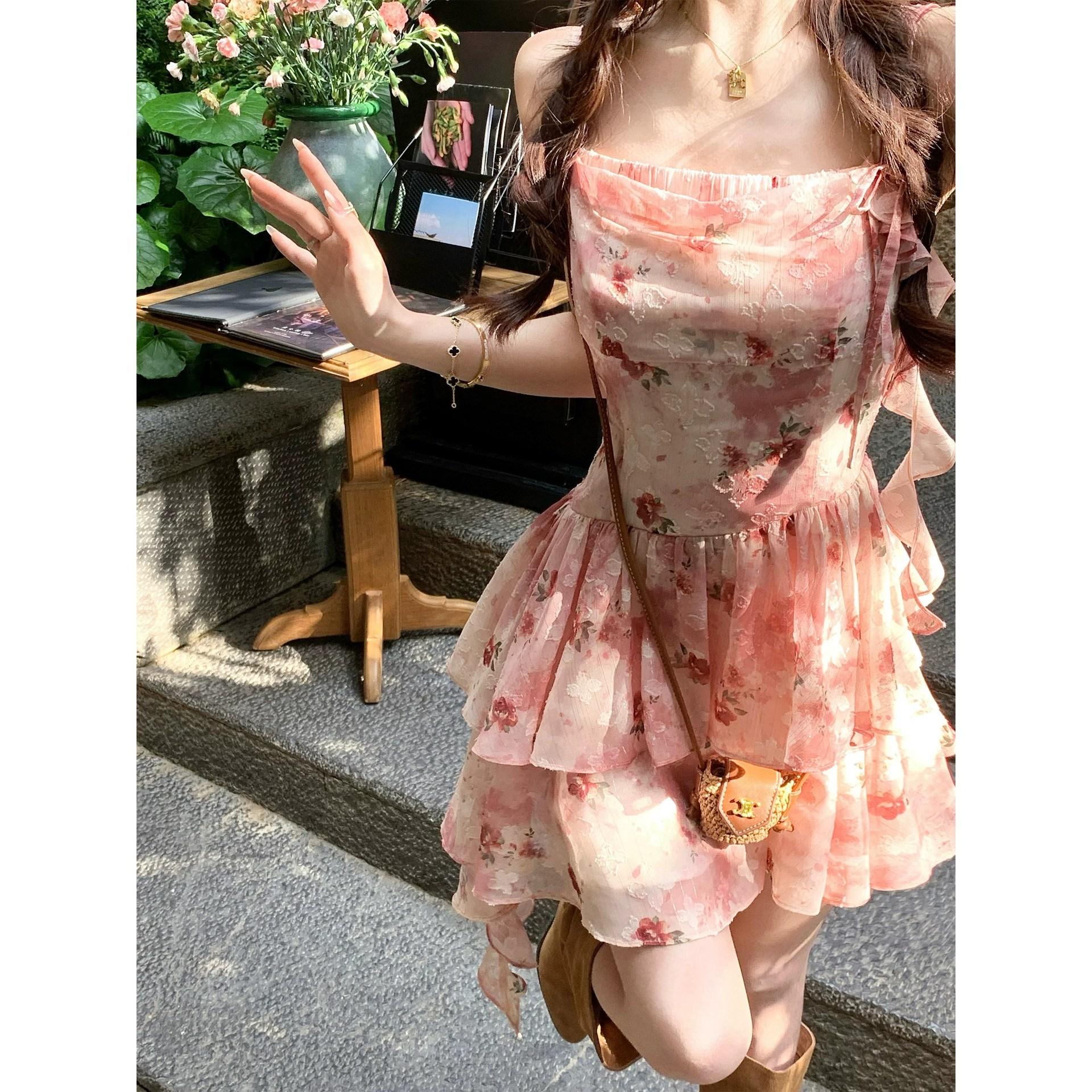 French holiday style red small flying sleeves floral dress women s summer small waist and thin sleeveless women s clothing S