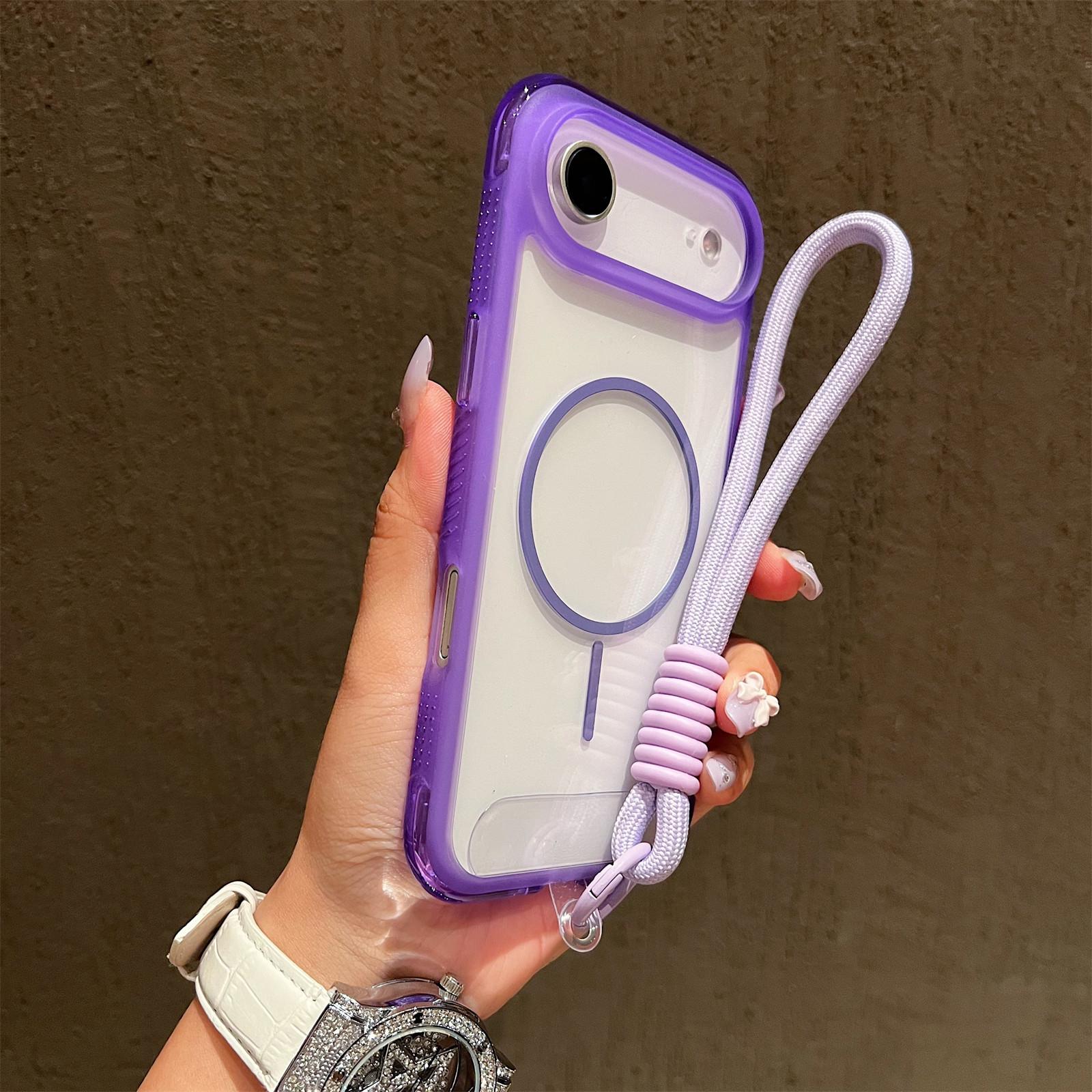

For iPhone 17 Air Magnetic Case with Wrist Strap TPU+PC Crystal Clear Phone Cover Purple
