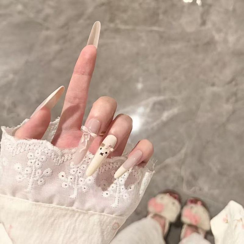 Cream Bear Handmade Girly Bow Whitening French Manicure Wearable