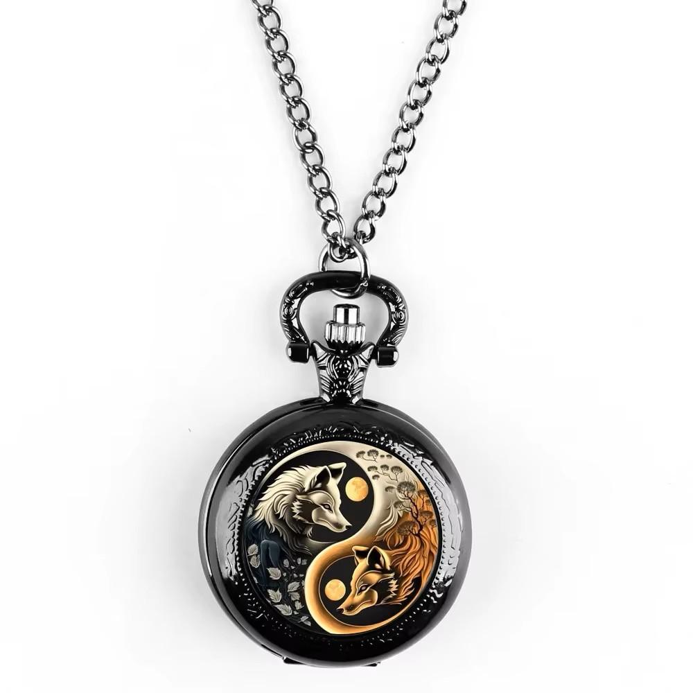 Vintage Retro Gold Bronze Doppel Wolf Yinyang Quarz Unisex Männer Frauen Taschenuhr Quarz Halskette Anhänger Uhr Kette Klassische Zifferblatt Schmuck Geschenk