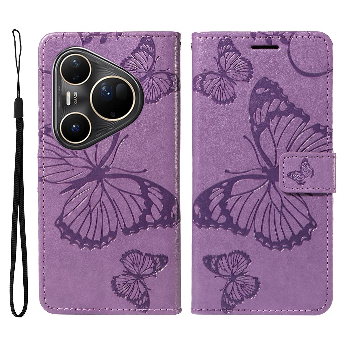 

For Huawei Pura 80 Ultra Wallet Case Floral Butterfly Imprint Leather Phone Cover Stand Light Purple