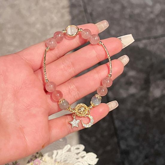 1 Pair Women Bracelet Smooth Bead Faux Agate Polished Star Moon Pendant Rhinestone Adjustable Shopping Work Party Dating Wrist Chain Lady Jewelry