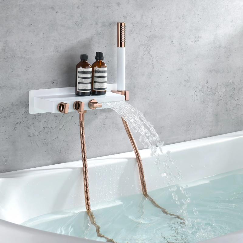 

Набор смесителей для ванны, настенный смеситель для ванной комнаты, белый, розовое золото, твердая латунь, большой набор для душа с водопадом, новый