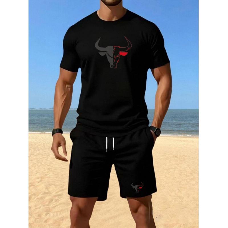 Modisches und einfaches Rundhals-T-Shirt für Herren, Kurzarm-Oberteil und Shorts mit Kordelzug, Zweiteiliges Set, Geeignet für legere Outdoor-Kleidung im Sommer