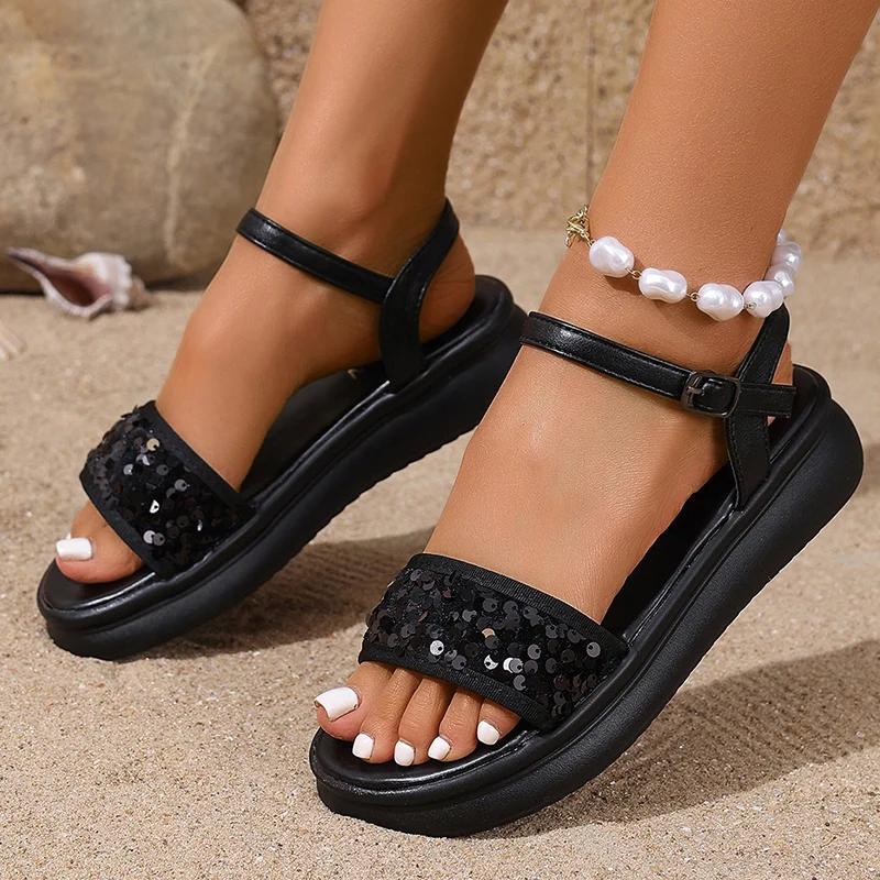 Fashion Fashion Sequin Platform Sandals Women Summer 2025 Thick Bottom Non Slip Sandles Woman Outdoor Ankle Buckle Sandalias De Mujer