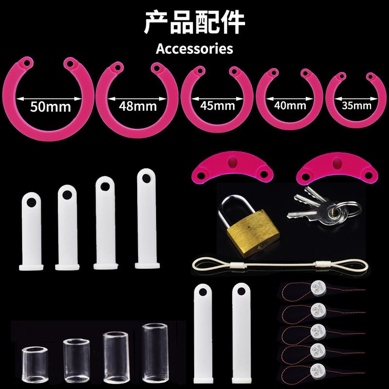 FRKO Pink Soft Silicone Male Chastity Cage Device Size S/L Invisible Lock Sex Toys with 5 Cock Ring Penis Sleeve for Men BDSM