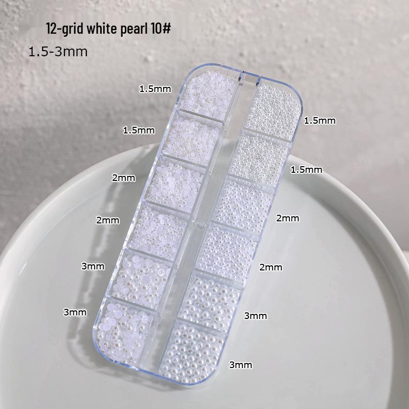 12-Grid Nail Art Pearls: Off-White Mixed Sizes, No Holes, Semi-Circular Boxed Decorations