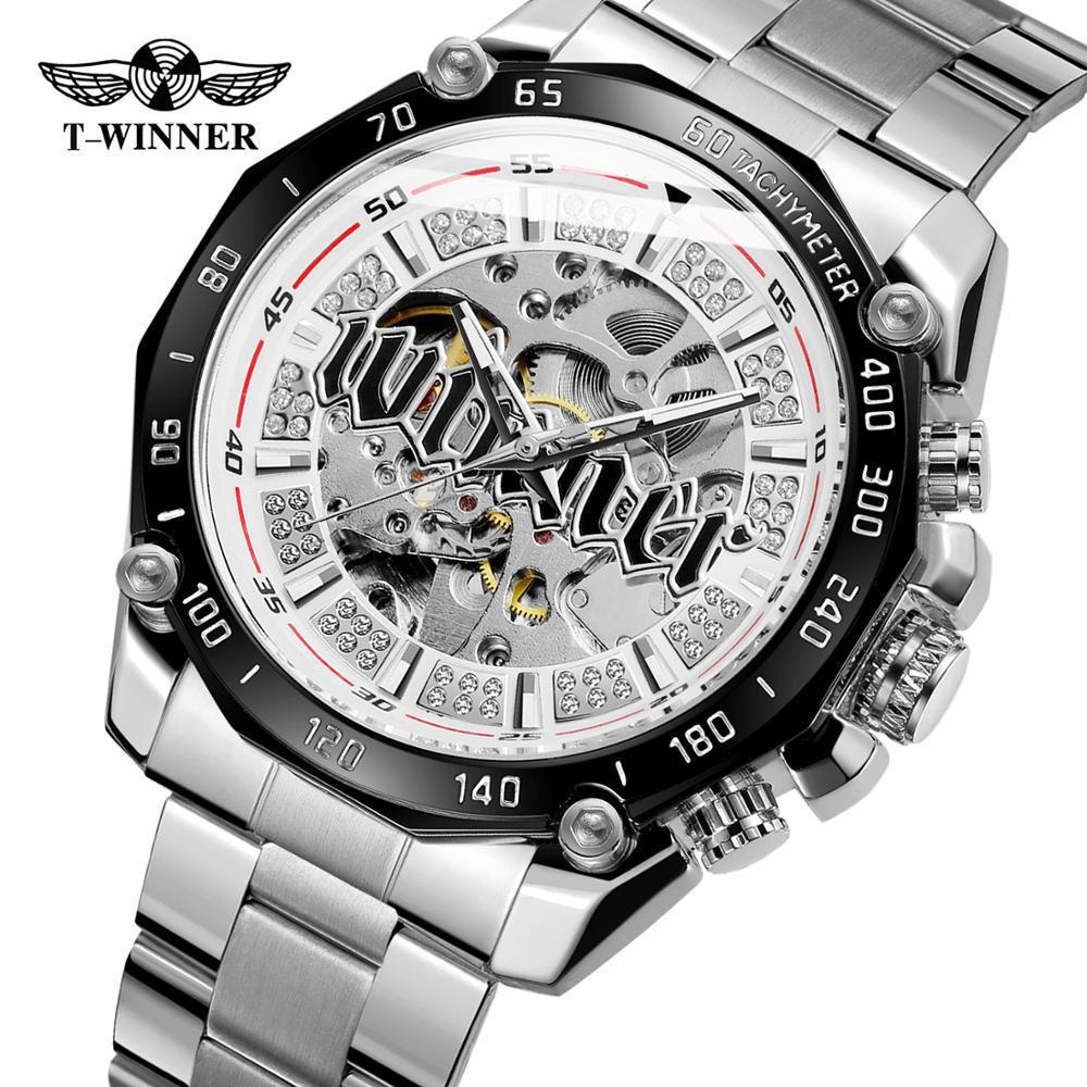 Moda Vincitore Top Brand Uomo Casual Scheletrato Automatico Meccanico Cinturino Completamente in Acciaio Inossidabile Lusso Dorato Orologi da Business