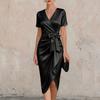 Women's V Neck Satin Short Sleeve Bowknot Wrap Sheath Dress Elegant Slim Fit Midi Dress for Formal Events Office Wear