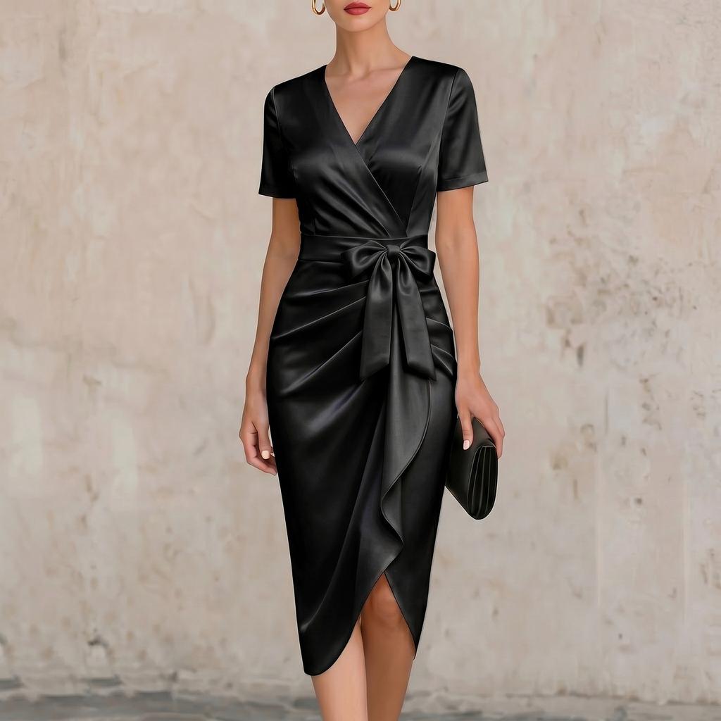Women's V Neck Satin Short Sleeve Bowknot Wrap Sheath Dress Elegant Slim Fit Midi Dress for Formal Events Office Wear