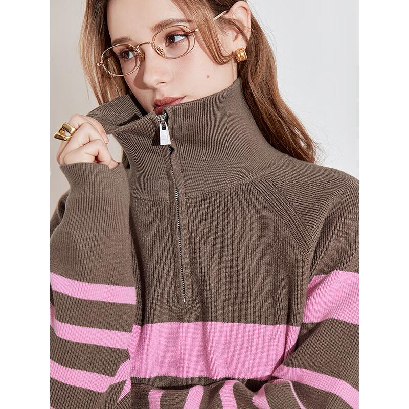 Chuyu Damen Gestreifter Reißverschluss Polokragen Langarm Strickpullover