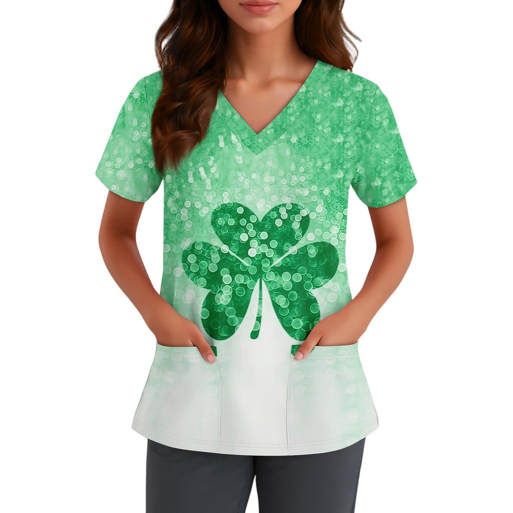 Women's Cute Bow Printed Work Clothes V-neck Double Layer Pockets Basic Short Sleeve Top Pullover