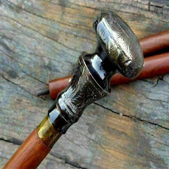 Antique Brass Designer Handle Wooden Walking Cane Stick Vintage Victorian