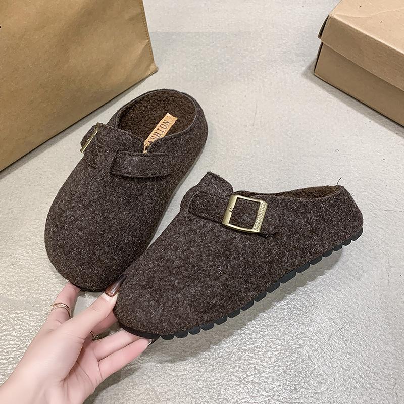 Cotton towed fluffy slippers women wear new autumn and winter velvet retro one-pedal lazy shoes bag head