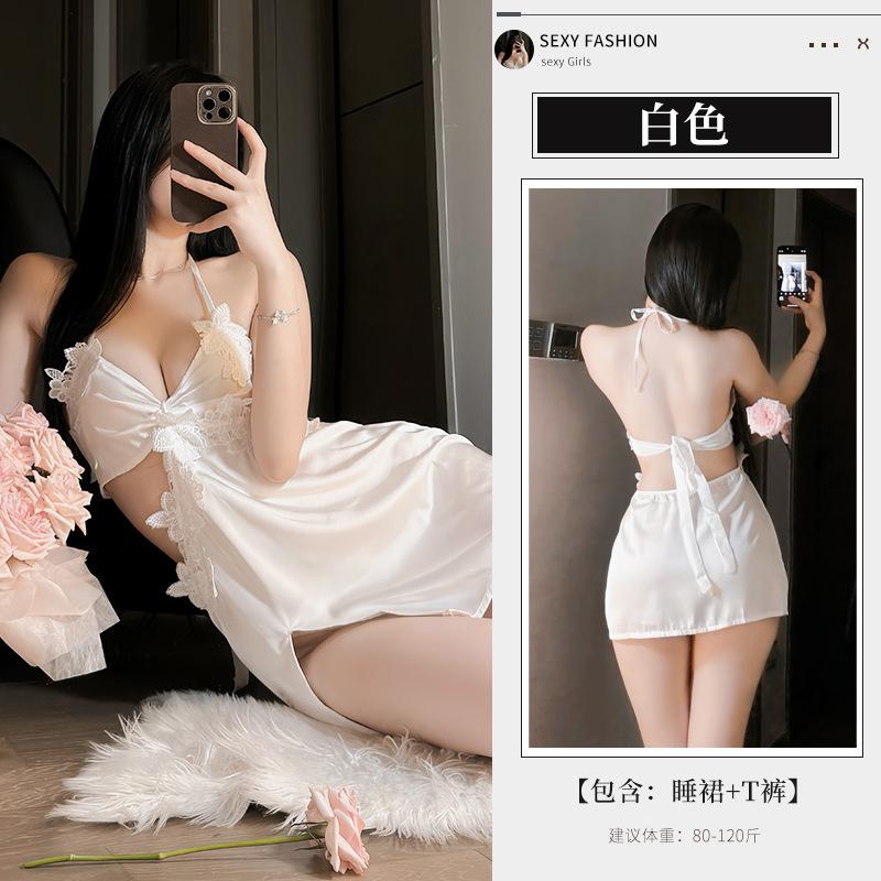 

New season sexy lace nightdress lace splicing deep V lace splicing perspective suspender nightdress loungewear One Size (80-60kg) білий
