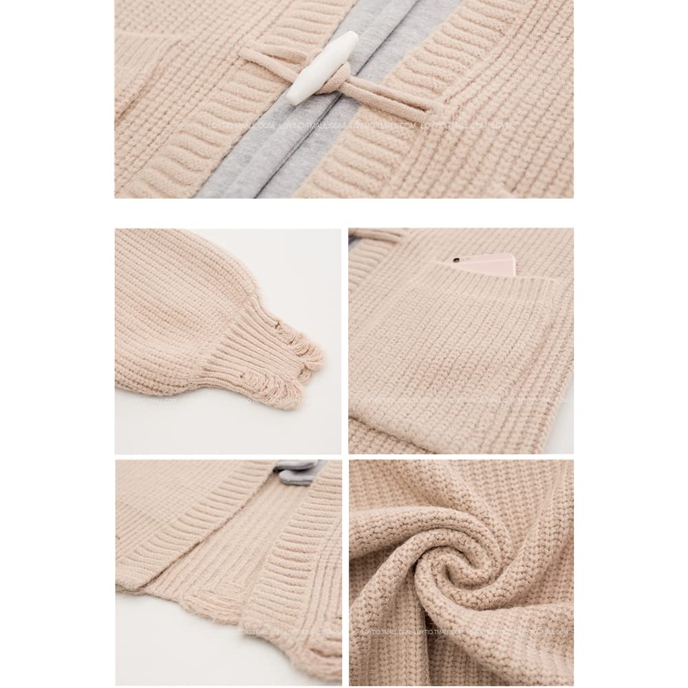 Village Hooded Knit Outerwear Loose D128 H&T Women's Cardigan, Jacket, Stylish, Elegant, Casual, Fit, Oversized, Popular, Warm, Autumn/Winter, (L,