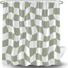 Retro Checkered Shower Curtain Sage Green and White Cute Checkerboard Geometric Vintage 60s 70s Abstract Aesthetic Modern Decor Bathroom Curtain Set