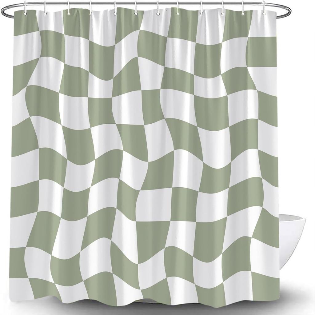 Retro Checkered Shower Curtain Sage Green and White Cute Checkerboard Geometric Vintage 60s 70s Abstract Aesthetic Modern Decor Bathroom Curtain Set