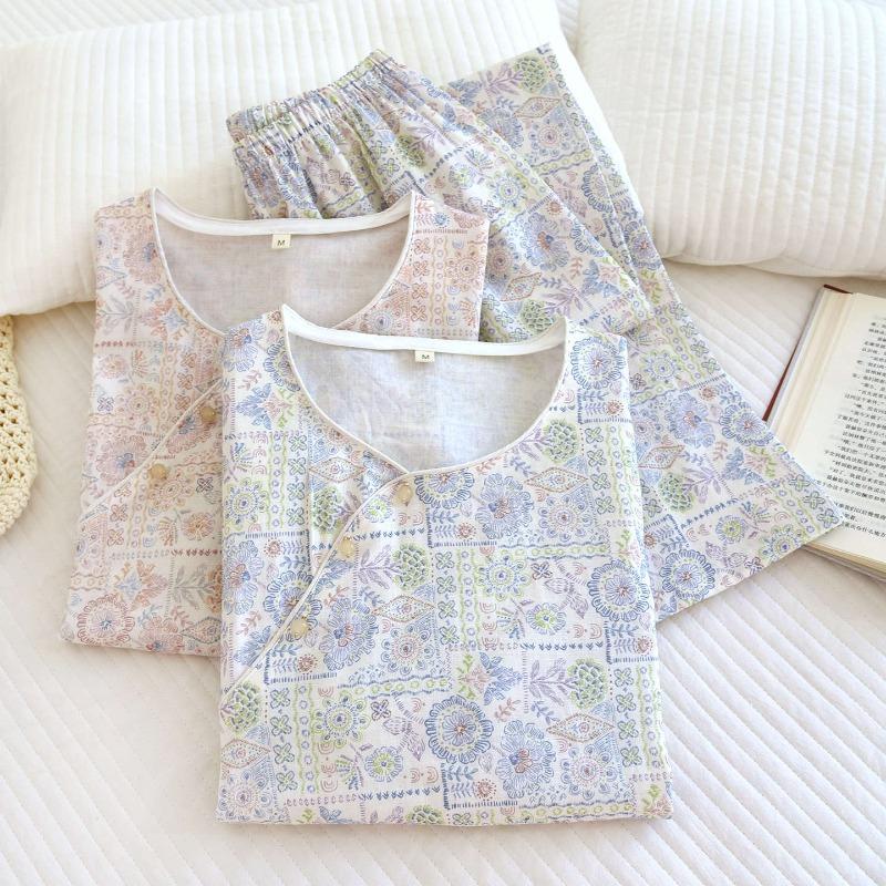 2026 New Women's Spring and Autumn Pajama Set 100% Cotton Gauze Long Sleeve Long Pants Thin Home Clothes Two Piece Set