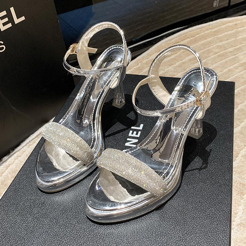 

High-heeled sandals women s summer new stiletto temperament shows legs long fashion rhinestone pointed fried street women s shoes 39 срібний