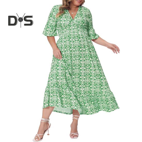 

Женское платье с V-образным вырезом, короткими рукавами, эластичной высокой талией, струящимся подолом, платье миди с геометрическим принтом, вечернее пляжное платье XXL зелёный