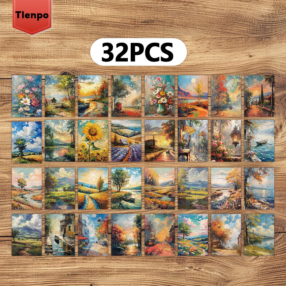 32 Stück Innendekoration Wandaufkleber 4x5,7 Zoll Nachrichtenkarten, Postkarten, Schlafzimmerdekoration, Vintage-Ölgemälde Wandaufkleber