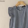 ZANZEA Women Plaid Print Casual Round Neck Sleeveless Tank Tops