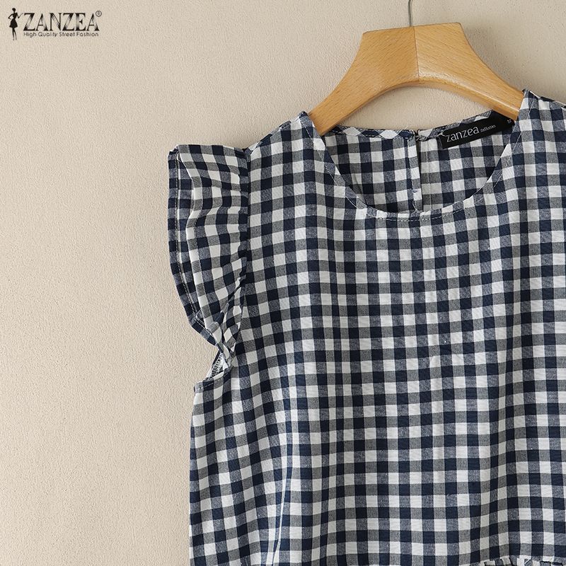 ZANZEA Women Plaid Print Casual Round Neck Sleeveless Tank Tops