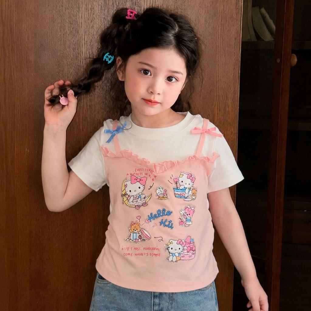 Girls Summer Cartoon Mock Two-Piece Short Sleeve T-Shirt Cute Regular Shoulder Top