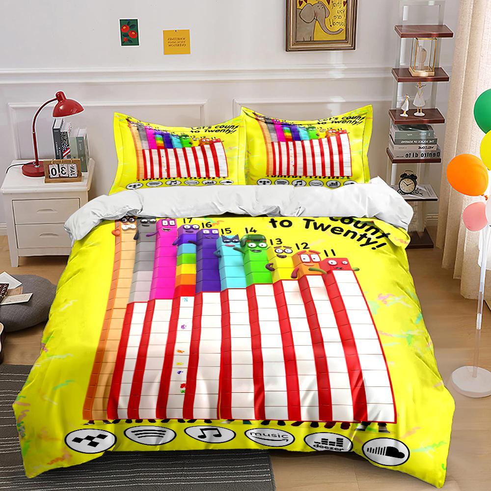 Fun Cartoon Number Building Blocks Printed Bedding Set 1Duvet Cover 2Pillowcases Boys Girls Children Luxury Gifts Multiple Sizes