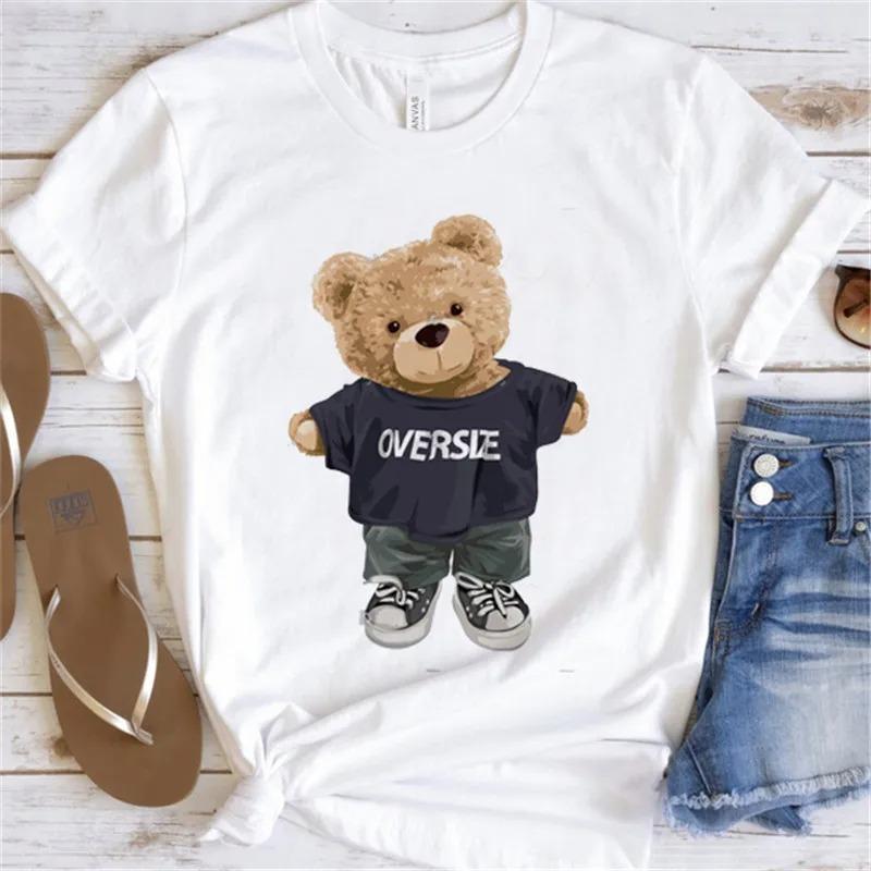 Cute Bear Print Shirts White Fashion Women T-Shirts Harajuku Kawaii Clothes Short Sleeve Summer Tees Casual Female Tops O-Neck