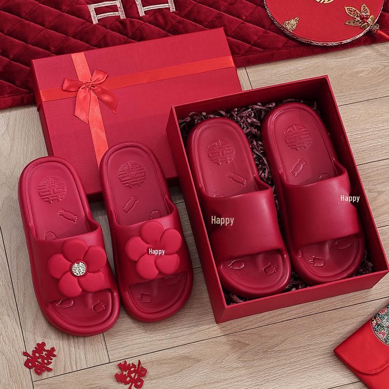Festive Wine Red Bride Slippers: Luxurious, Comfy Summer Footwear
