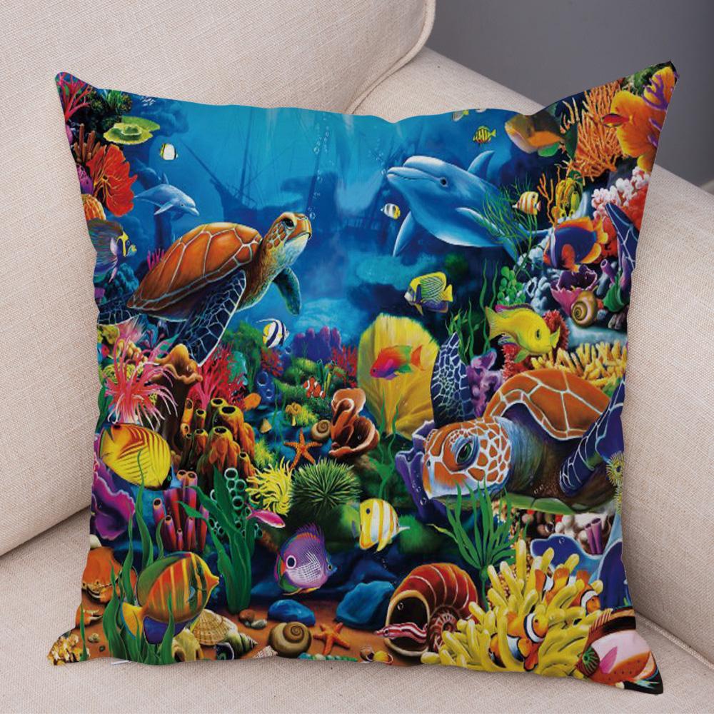 Marine Turtle Dolphins Shark Cushion Cover Short Plush Decor Colorful Ocean Animal Pillowcase Pillow Case for Sofa Home Car