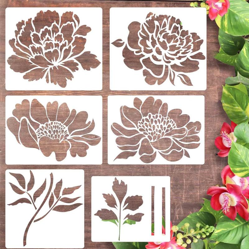 6Pcs/Set Garden Fence Crafts Plastic Wall Canvas Painting on Wood DIY Drawing Templates Large Flower Stencils