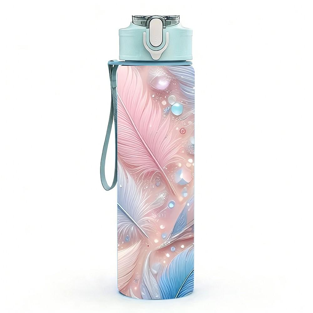 1PC Soft Pastel Feather Art Pattern 750ml Color Plastic Sports Water Bottle Leakproof Flip Straw Lid Suitable for Sports Office Home Use