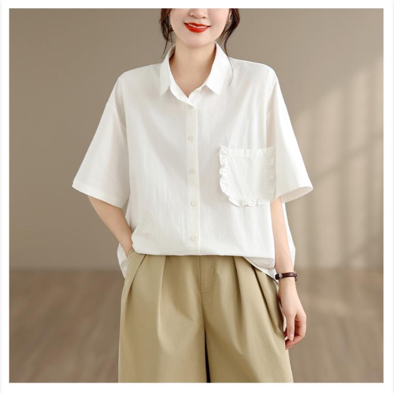 DIMANAF 2026 Women Plus Size New Summer Blouse Shirt Short Sleeve Solid Casual Loose Cotton Lady Tops Shirts