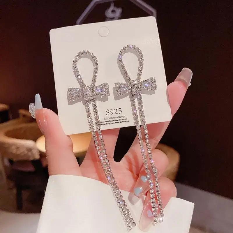 1 Pair Dangle Earrings Bowknot Shape Shining Rhinestones Lady Earrings Heart Imitation Pearls Tassel Jewelry Accessory