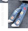 Girls' Cartoon Jeans - Spring/Autumn, Korean Style Loose Fit, Wide-Leg Trousers for Kids