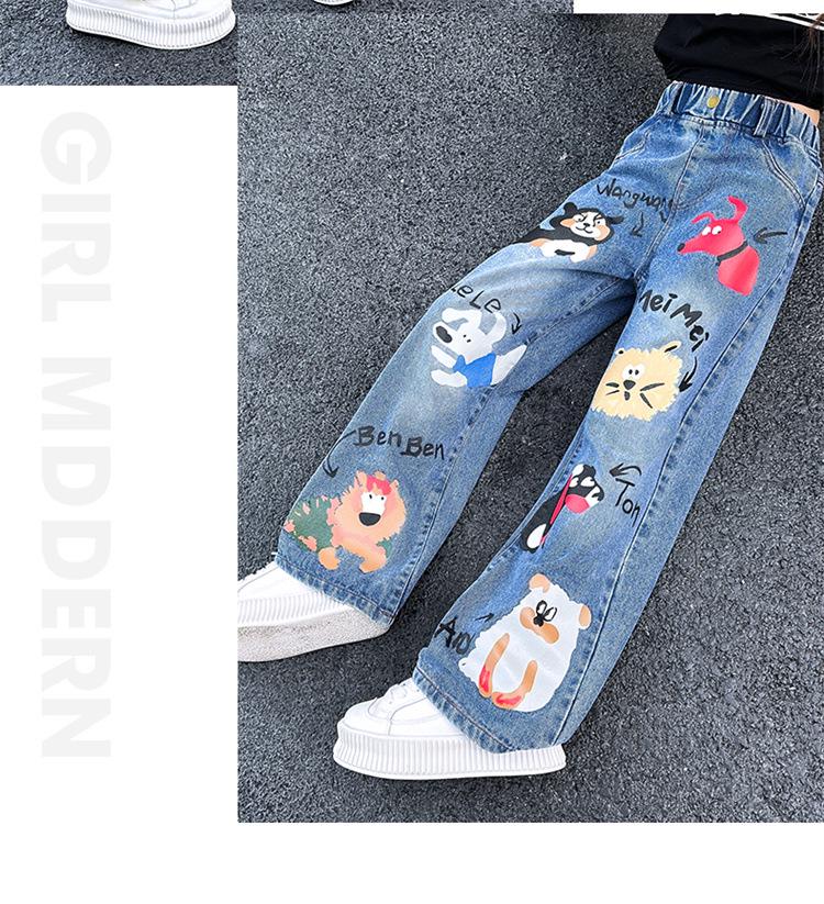 Girls' Cartoon Jeans - Spring/Autumn, Korean Style Loose Fit, Wide-Leg Trousers for Kids