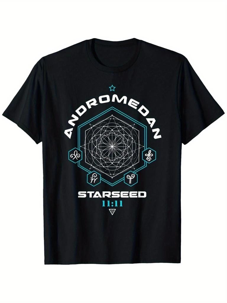 Andromedan Starseed Light Code 11:11 T-Shirt - 100% Cotton Black Unisex Tee with Sacred Geometry & Alien Symbol, Turquoise DNA Helix & Star Chart Desi
