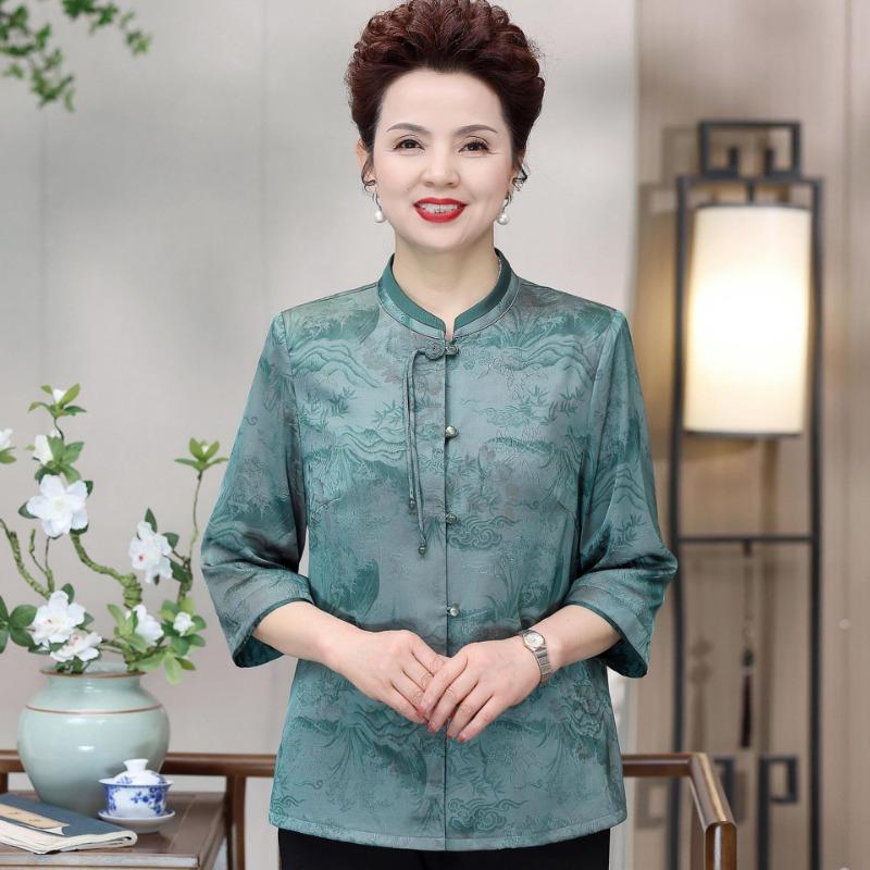 Damen Jacquard-Bluse im chinesischen Stil Stehkragen 3/4-Ärmel Lässiges Knopfleisten-Oberteil für mittleres und älteres Alter