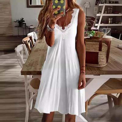 Women Summer Casual Sleeveless Lacework V Neck Printed Knee Length One Piece Dress