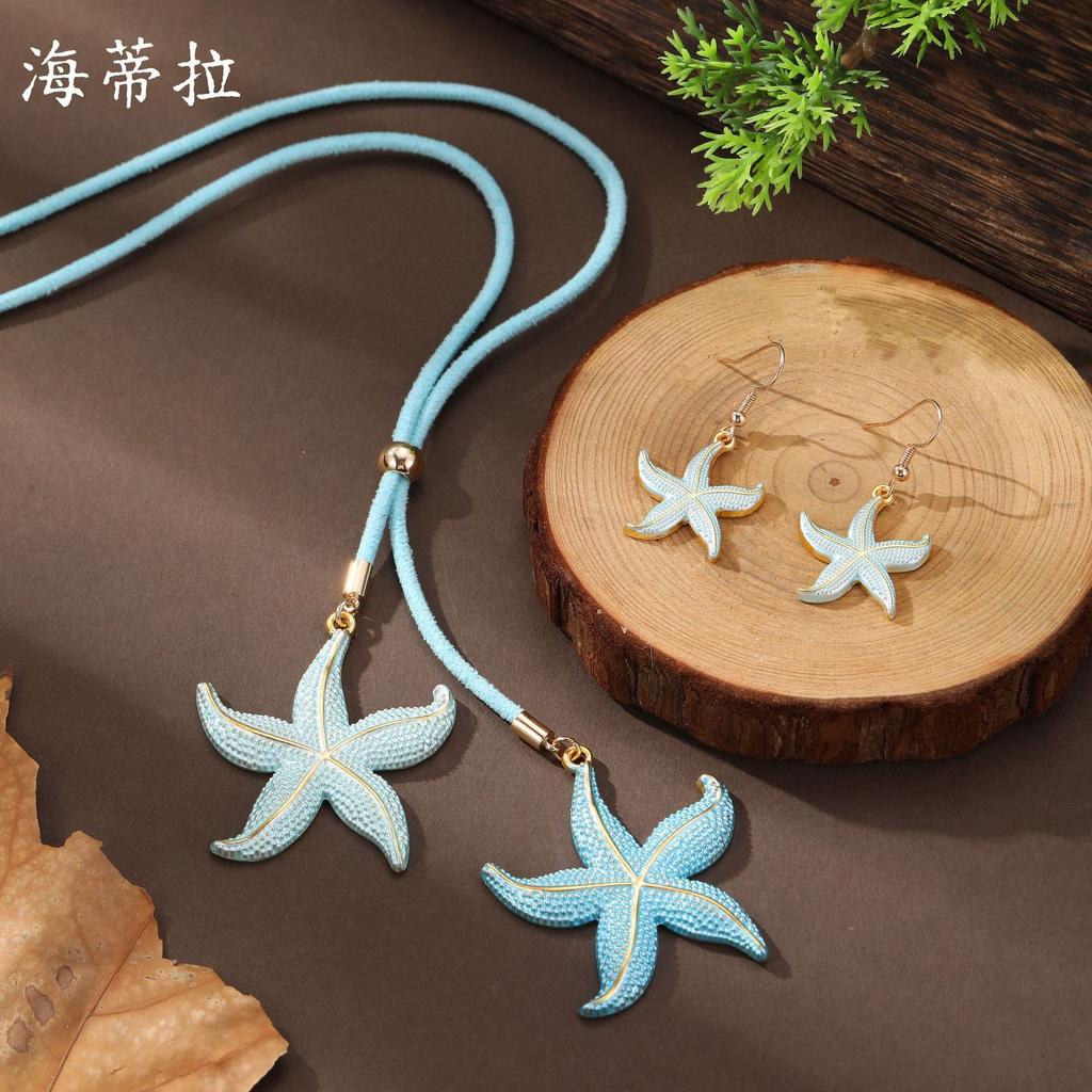 New enamel color starfish earrings rope long pendant women's fashion high sense beach shell long necklace