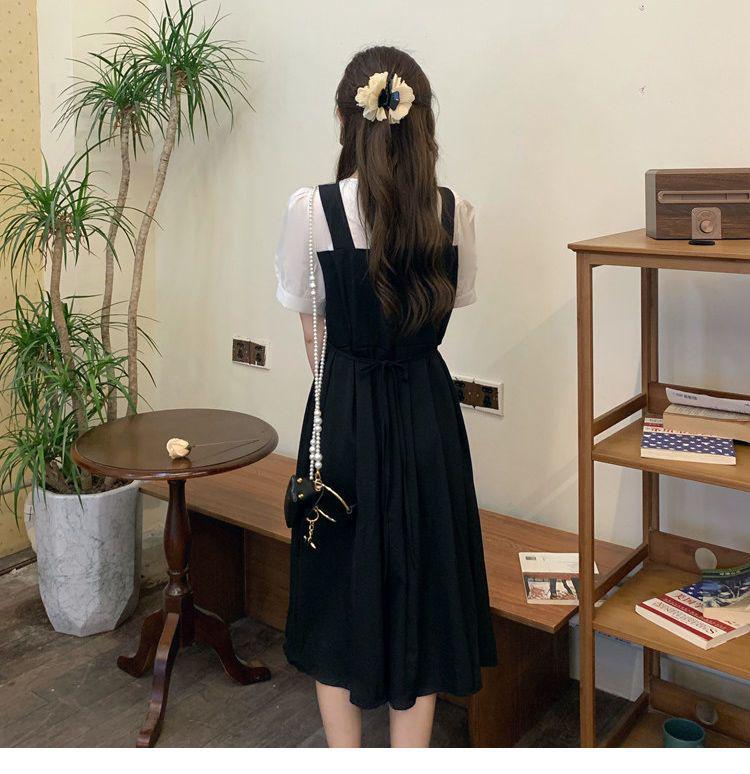 Damen Sommer Faux Zweiteiler Schwarzes Kleid - Französischer Retro, Trägerlang Patchwork Rock