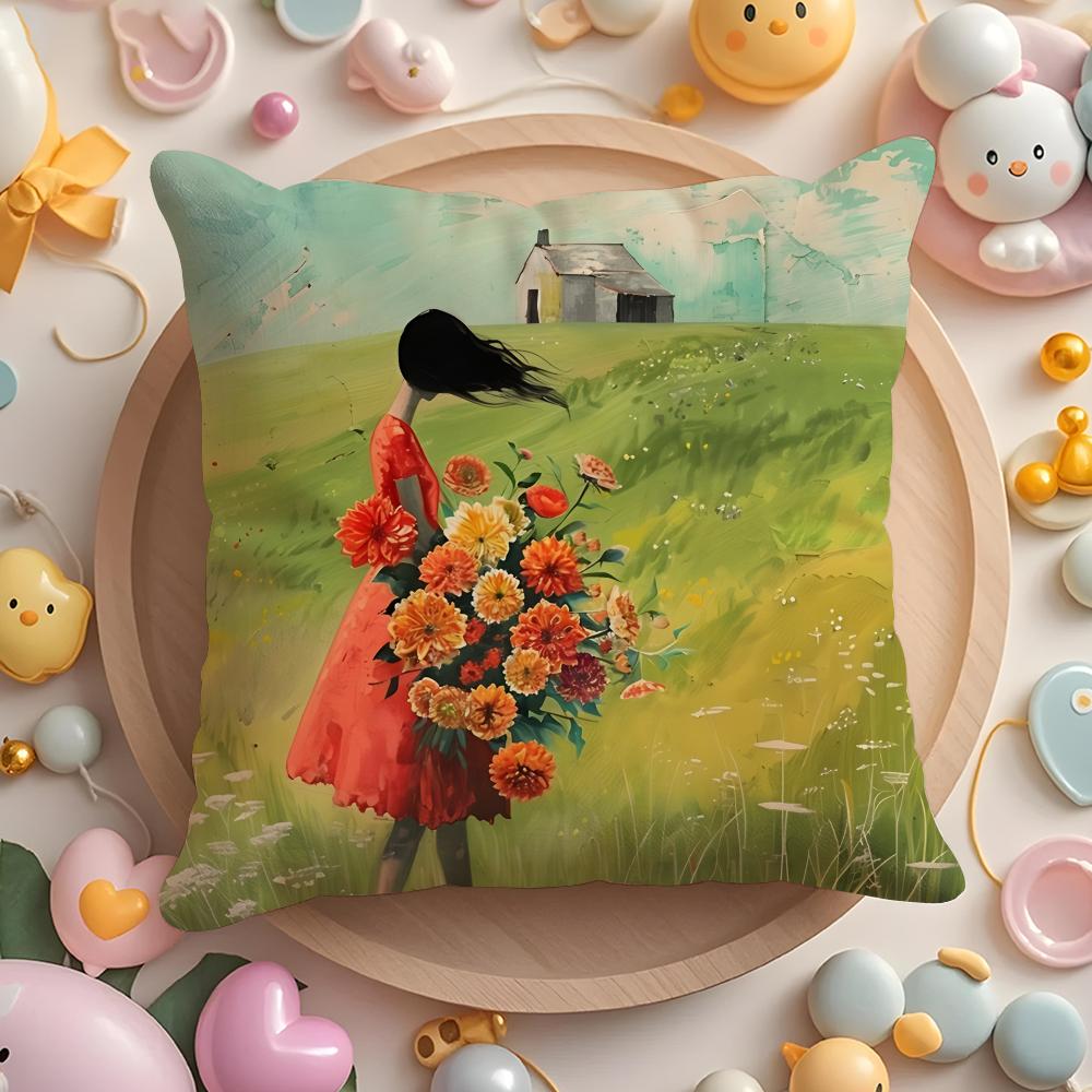 The girl is holding flowers Cushion Cover Short Plush DoubleSided Printing Home Machine Washable in Warm Winter Pillow Cover